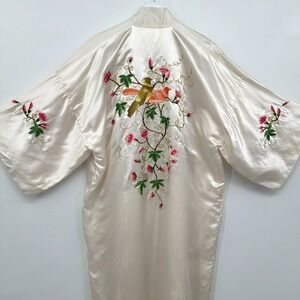 Vintage Lotus Kimono Robe Large 100% Pure Silk Embroidered Ornate Heirloom FLAW